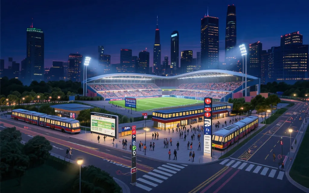 球场周边配套示意：交通接驳、人群分流、球迷广场、夜间导视与安保协同