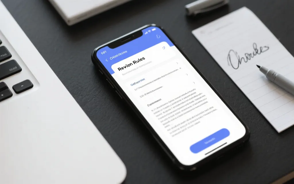 手机离线阅读规则文件的界面特写，旁边有纸质笔记与记号笔，信息整理感强